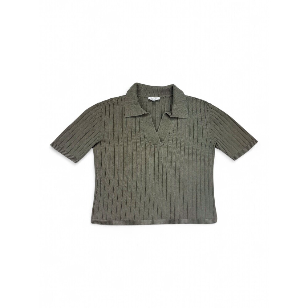 Haven Ribbed Knit Polo Crop Top L Olive Short Sleeve‎